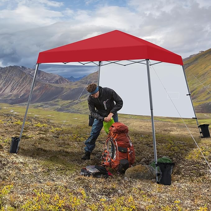 Yaheetech Pop Up Canopy Tent with Backpack, 10x10 Base Portable Easy One Person Setup Folding Shelter Compact Lightweight Slant Leg Canopy with 1 Sidewall, 8x8 Top, Red