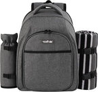 apollo walker Picnic Backpack Bag for 2 Person with Cooler Compartment, Detachable Bottle/Wine Holder, Fleece Blanket, Plates and Cutlery Set (2Person,Grey)