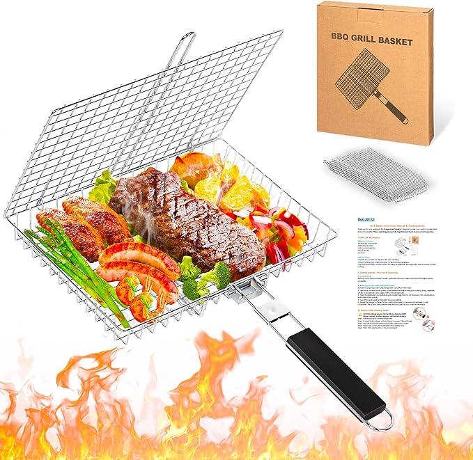 Grill Baskets for Outdoor Grill|Stainless Steel Large Grilling Basket with Removable Wooden Handle|Fish Grilling Basket Grilling for Meat,Steak,Vegetables & Seafood| Grilling Gifts for Dad/Men,Perfect Grilling Accessories