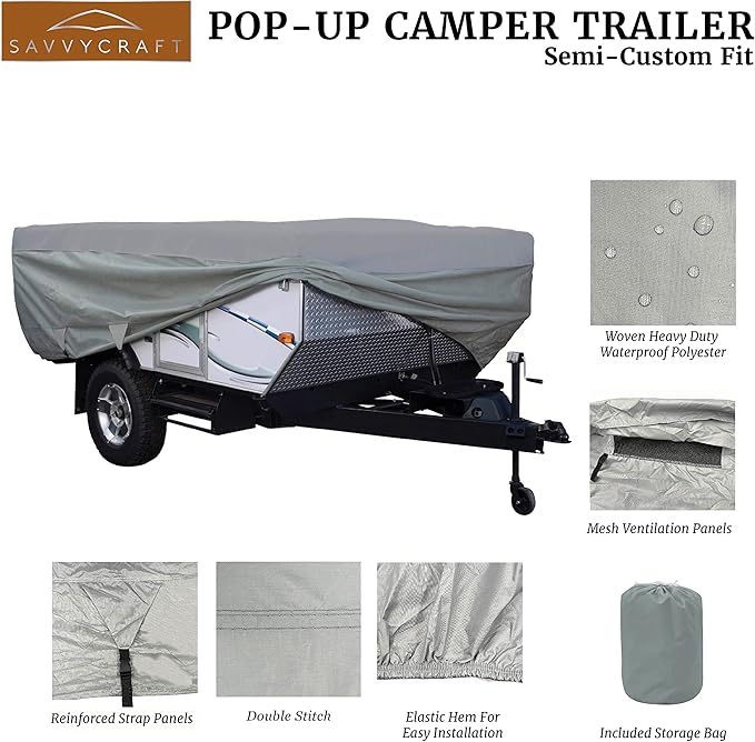 SavvyCraft Waterproof Pop Up Camper Cover, All Weather Protection Tent Trailer Cover fits Popup Folding Camper Trailer 12 Feet to 14 Feet Long