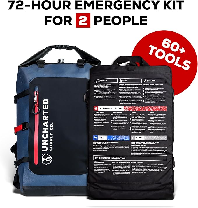 Uncharted Supply Co. The SEVENTY2® Pro 2-Person Survival System – 72 Hour Emergency Preparedness Kit with 60+ Tools for Home, Car, Camping, and Disaster Readiness – Durable Waterproof Go Bag