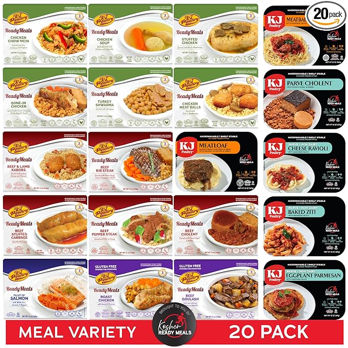 KJ Poultry Kosher Ready Meals - (20 Pack Variety) Prepared Entree Fully Cooked, Shelf Stable Microwave Dinner Travel, Military, Camping, Emergency Survival KJ