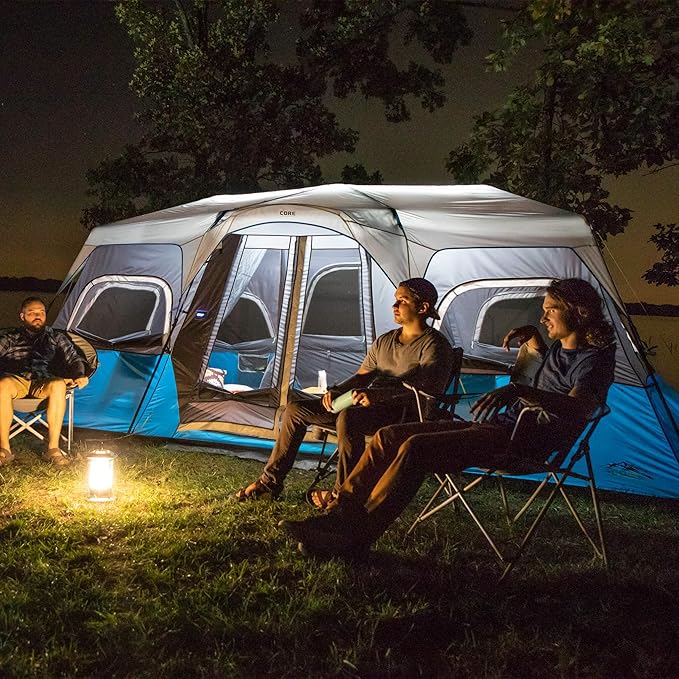CORE Instant Cabin Tents with LED Lights | 6 Person / 9 Person / 12 Person Family Multi Room Lighted Pop Up Tents for Camping | Included Storage Pockets for Camping Accessories