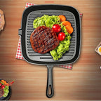 Cast Iron Grill Pan, 9.5 inch Square Grill Pan Skillet with Pour Spout, Cast Iron Griddle Pan with Small Meat Tong, Oil Brush & Hemp Rope for Stove Tops, Gas, Induction, Grill, Campfire, Oven Safe