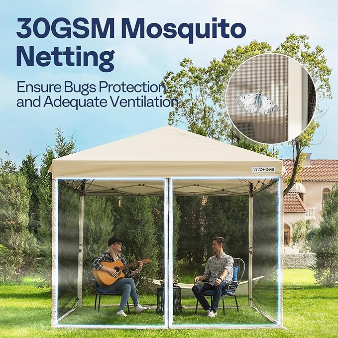 VIVOHOME 10x10ft Easy Pop-Up Canopy, Outdoor Screen Tent with Mosquito Netting, 2 Zipper Doors, and Roller Bag for Yard Camping Picnic Party Events, Beige