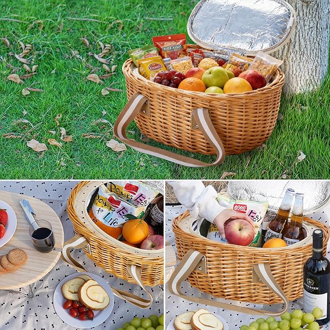 STBoo Picnic Basket for 4 - Wicker Picnic Set with Wine Table | Willow Basket Kit with Insulated Cooler Bag for Camping, Outdoor, Christmas, Party (Beige)