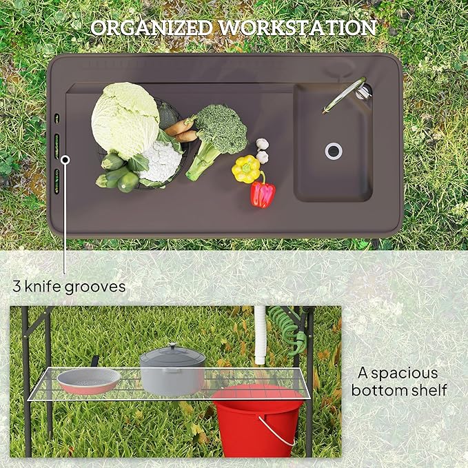 Outsunny Folding Fish Cleaning Table, Portable Camping Sink Station with Faucet, Drainage Hose, Sprayer, Grid Rack and Knife Groove, Outdoor Fillet Table for Picnic Beach Patio, Tan