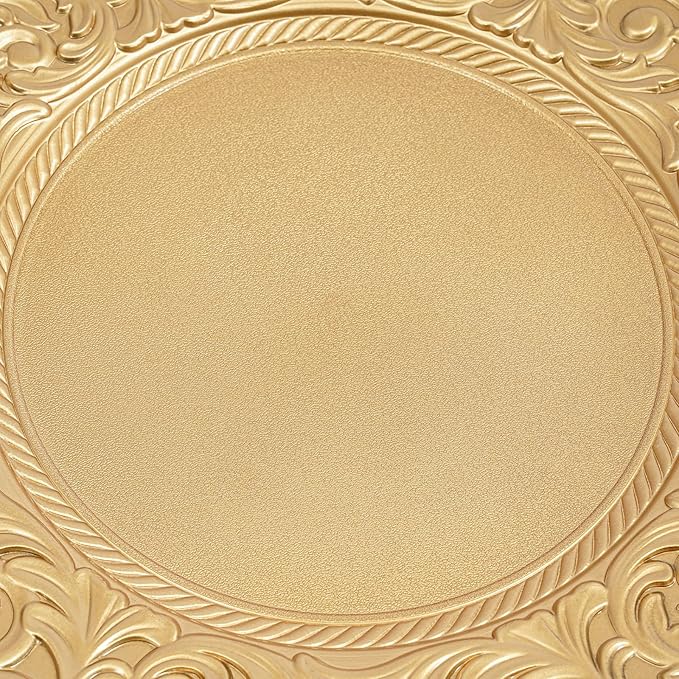 150 Pcs 13 Inch Gold Charger Plates, Bulk PP Wedding Chargers with Floral Reef Design Decorative Round Ruffled Rim Dinner Plates for Wedding Party Event Table Setting Decoration