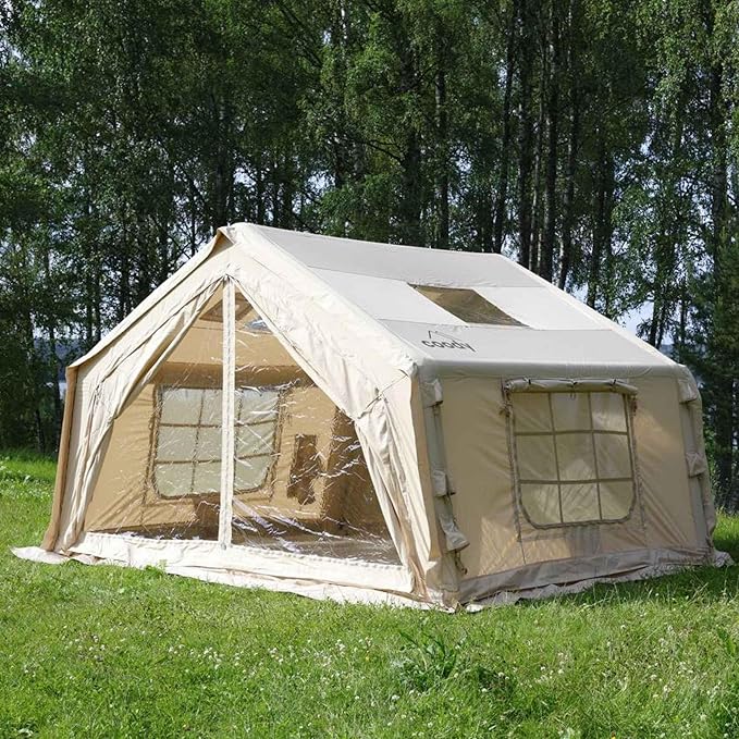 Coody Inflatable Canvas Camping Tents with Stove Jack – Premium Air Beam Family Glamping Tent, Breathable Cotton Canvas, Fast Setup Air Tent with Pump