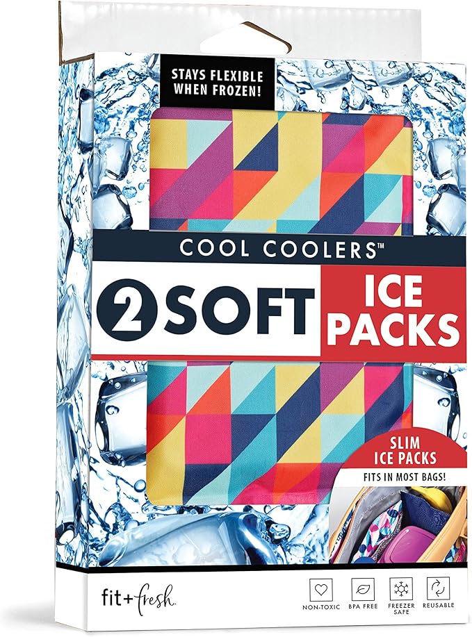Cool Coolers by Fit & Fresh 2 Pack Soft Ice, Flexible Stretch Nylon Reusable Ice Packs for Lunch Boxes & Coolers, Prism & Cobalt