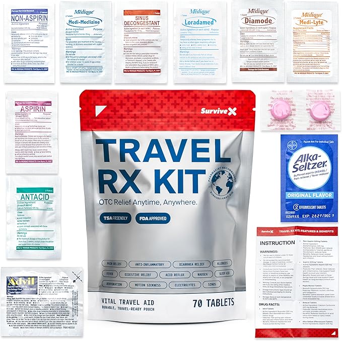 Travel Medicine Kit - Compact TSA-Approved Medication Pack for Travel, Camping, Cruises - Includes Over-the-Counter Individual Medicine Packets