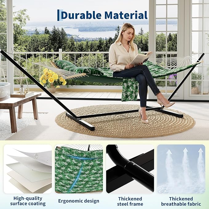 2 Person Double Hammock with Adjustable Steel Stand & Pillow, Heavy Duty Portable Outdoor Hammock Set, MAX 450 LBS Weight Capacity for Patio, Garden, Beach, Backyard