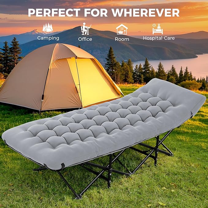 JEAREY 2-Piece Camping Cot for Sleeping 28" Extra Wide, Heavy-Duty 1200D Oxford Foliding Cots for Adults Portable with Mattress, Carry Bag for Guest, Travel, Hiking, Light Gray