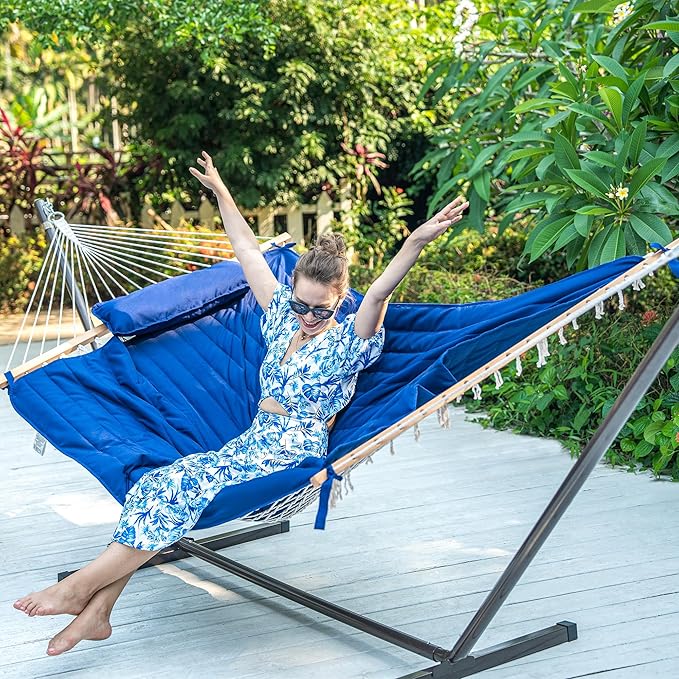 Lazy Daze Hammocks 2 Person Hammock Pad and Pillow Set, Double Polyester Quilted 78" x55" Replacement Pad for Rope Hammock, Blue