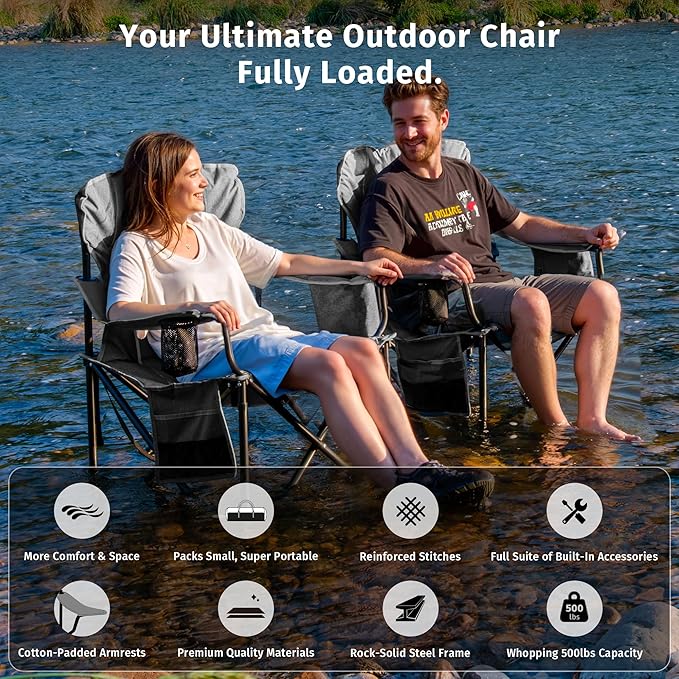 East Oak Oversized Camping Chair | 500LBS Support, 600D Oxford, Cup Holder & Side Pocket | Heavy Duty Camping Chairs | Ideal for Camping, Beach, Sports Events, Backyard & Tailgating | Gray