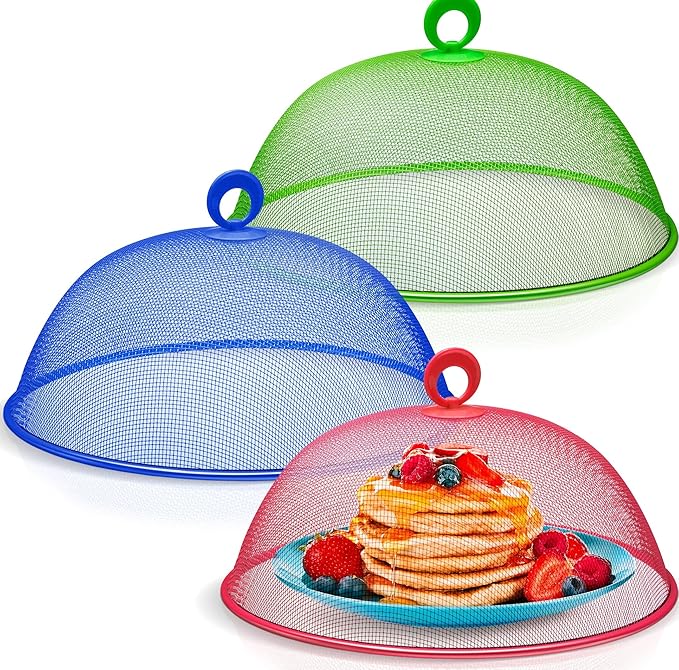 Metal Mesh Screen Food Cover Tent Umbrella, 10.75 inch, Reusable Outdoor Picnic Food Covers Mesh, Food Cover Net Keep Out Flies, Bugs, Mosquitoes (3 Pack, Green Blue Red)