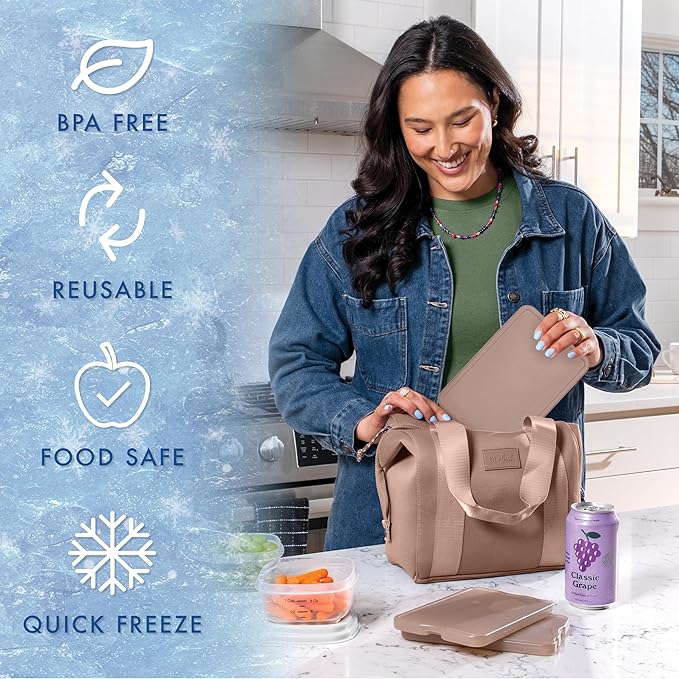 Cool Coolers by Fit & Fresh XL Slim Ice Packs, Quick Freeze Reusable Ice Packs for Lunch Boxes & Coolers, Long-Lasting, Space Saving Cooler Ice Packs, Taupe, 4Pk