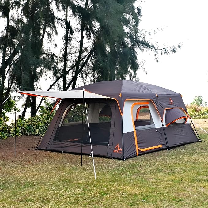 KTT Extra Large Tent 10-12-14 Person(Style-B),Family Cabin Tents,2 Rooms,3 Doors and 3 Windows with Mesh,Straight Wall,Waterproof,Double Layer,Big Tent for Outdoor,Picnic,Camping,Family Gathering