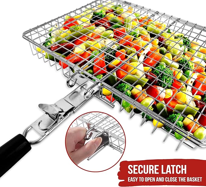 ROASTWURK's Bbq Grill Basket Set For Meat Fish Vegetables Stainless Steel 304 Barbecue Bbq Grilling Accessories Gifts For Men, Removable Wooden Handle Tool Shrimp Outdoor Cooking Camping Tailgating