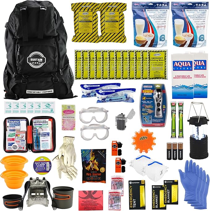 Sustain Supply 2-Person Fire & Blackout Emergency Deluxe Kit – 72-Hour Survival Backpack with Food, Water, 107-Piece First Aid Kit, Power Station, Tent & Safety Gear for Disaster Preparedness