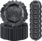 Rtteri 50 Pcs 13 Inch Charger Plates Bulk, Plastic Charger Plates with Floral Reef Design, Round Ruffled Rim Decorative Dinner Tableware for Wedding, Party, Event Table Decor(Black)