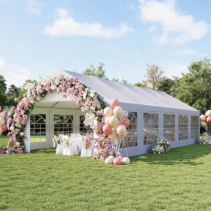 Aoxun 16x32 Party Tent Canopy for Weddings Waterproof Event Tent with Removable Sidewalls &Roll-up Door, Heavy-Duty Steel Frame for Outdoor Weddings, BBQ, Birthday Parties, & Camping,White