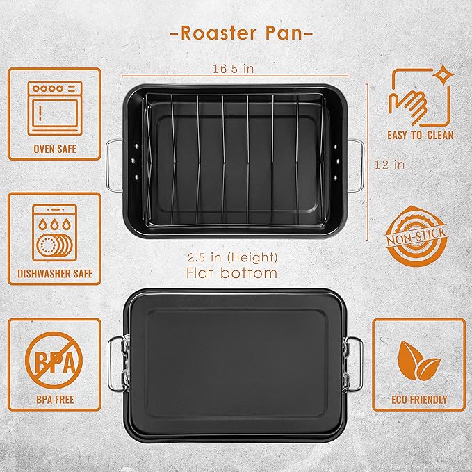 Moss & Stone Carbon Steel Roaster Pan With “V” Shape Removable Roasting Rack Set, 16.5 Inch Rectangular Nonstick Roasting Pan, Turkey Roaster Pan Rack With Carving Fork & Chef Knife