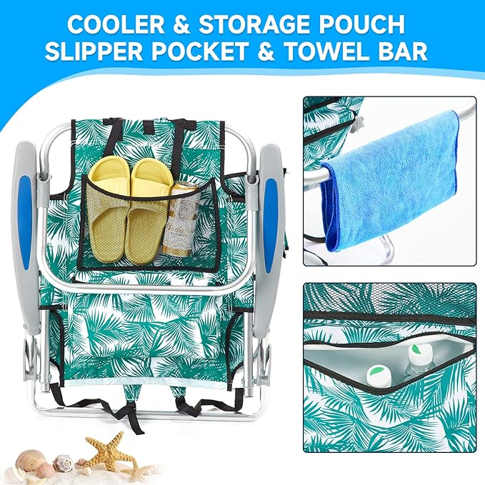 2 Pack Lightweight Portable Camping Beach Chair for Adults, Outdoor Lay Flat Folding Beach Chairs with 5 Positions, Backpack Beach Chair with Towel Bar, Zipper Pouch, Cup Holder, Green Leaves
