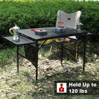 Folding Grill Table, 3x2 FT Portable Camping Table with 2 Wing Panels, Height Adjustable Metal Tables with Mesh Desktop and Mesh Bag, Outdoor Furniture for Camping, Picnic, Beach and BBQ, Black
