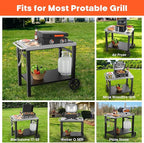 Double-Shelves Stainless Steel Flattop Grill Cart, Movable Kitchen Indoor & Outdoor Cooking Station, Fits Ninja/Ooni/Blackstone/Weber Q, Pizza Oven Food Prep Table for Party, 33.5"×21"