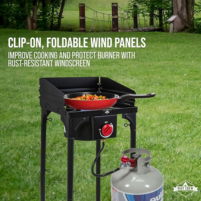 Hike Crew Cast Iron 1-Burner Outdoor Gas Stove | 75,000 BTU Portable Propane-Powered Cooktop w/Blue Flame Control, Removable Legs, Temperature Setting Knobs | Wind Panel, Hose Regulator & Storage Bag