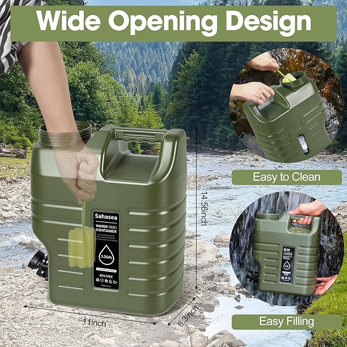 3.2 Gallon Water Jug, Portable Camping Water Jug Dispenser with Spigot, Leak-Proof Water Storage Containers for Camping, Outdoor, Hiking, Picnic, RV, BPA Free Emergency Water Tank, Green