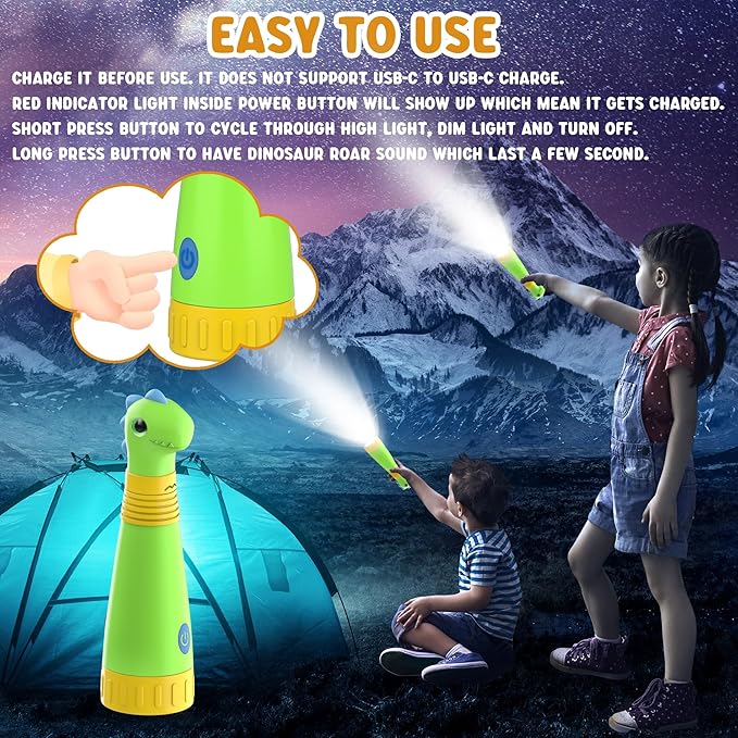 2Pack Rechargeable Dinosaur Flashlight with Roar for Kids, Camping Gear Handheld Flashlight for Kids, Halloween Christmas Lights for Boys Girls, Dino Kid Lantern