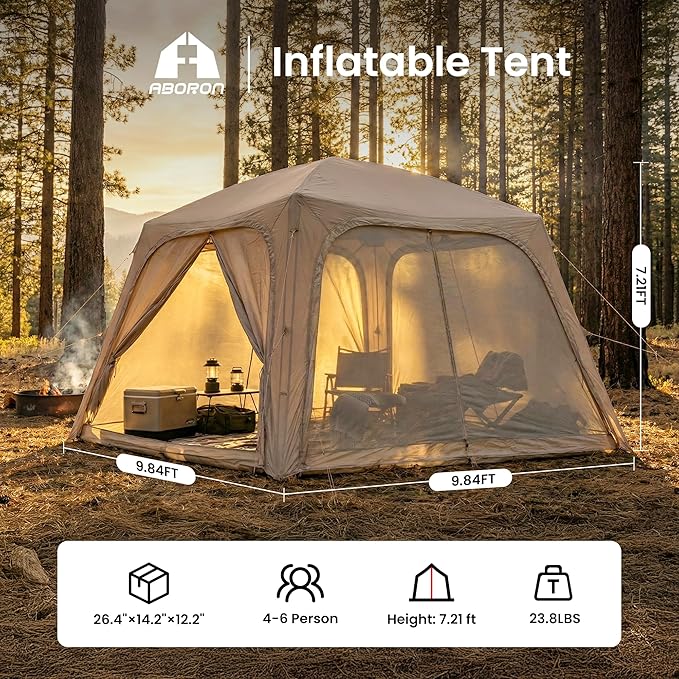 ABORON 2/6/8/10/12 Person Inflatable Camping Tent, Easy Setup Blow Up Tent with Hand Pump, PU3000mm Waterproof & Breathable 4 Season Glamping Tent for Outdoor Camping