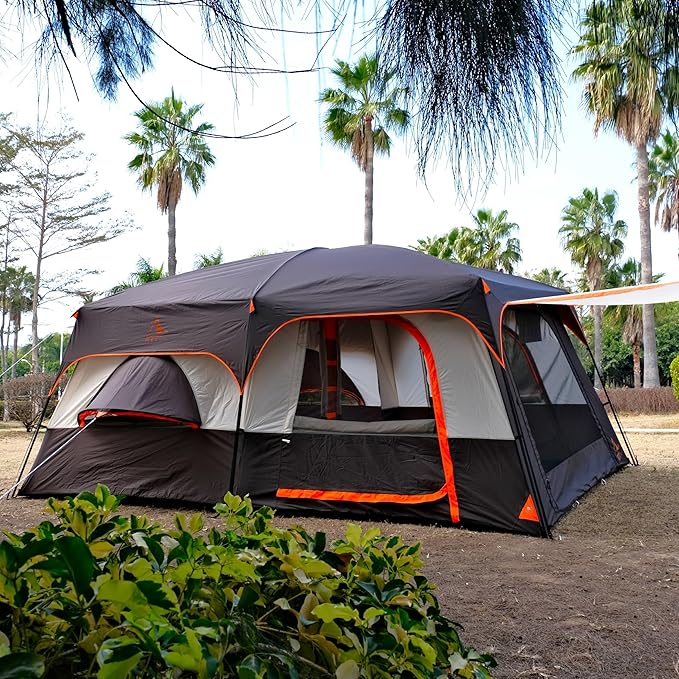 KTT Extra Large Tent 10-12-14 Person(B),Family Cabin Tents,2 Rooms,3 Doors and 3 Windows with Mesh,Straight Wall,Waterproof,Double Layer,Big Tent for Outdoor,Picnic,Camping,Family Gathering