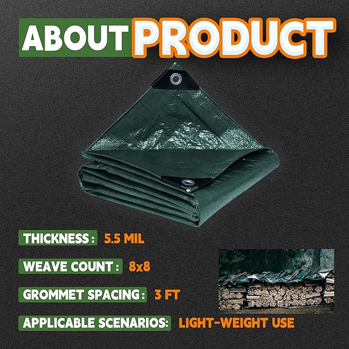 RAINDEWAY Tarps 16x16 Feet,Tarp Waterproof,5.5 Mil Thick, Multipurpose Waterproof Poly Tarp Cover with Metal Grommets and Reinforced Edges,Green Tarps