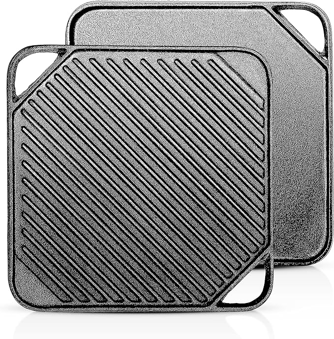 1-Piece 10.6 inch Cast Iron Griddle Plate | Reversible Square Cast Iron Grill Pan for Single burner| Double Sided Used on Open Fire & in Oven | Pre-Seasoned |Versatile Baking Griddle