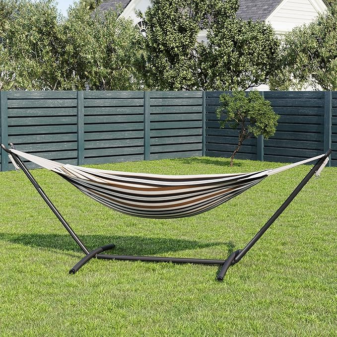 GarveeLife Double 2 Person Hammock, Indoor Outdoor Standing Hammock with Space Saving Steel Stand, Carry Bag, 450 LBS Weight Capacity, Suitable for Garden Camping Beach, Coffee
