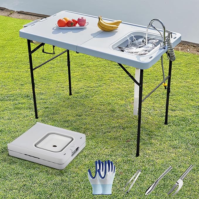 Spurgehom 50" Portable Fish Cleaning Table with Sink&Collapsible Wash Basin, Folding Camping Table with Faucet, Sprayer, Gloves, Trash Can, Storage Bag, Foldable Picnic Table for Picnic Beach Patio