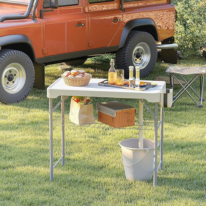 Outsunny Folding Fish Cleaning Table with Sinks, Portable Camping Sink Table with Faucet, Drainage Hose, Sprayer, Shelf, Drawer and Storage Basket, Outdoor Fillet Table for Picnic Beach Patio, White