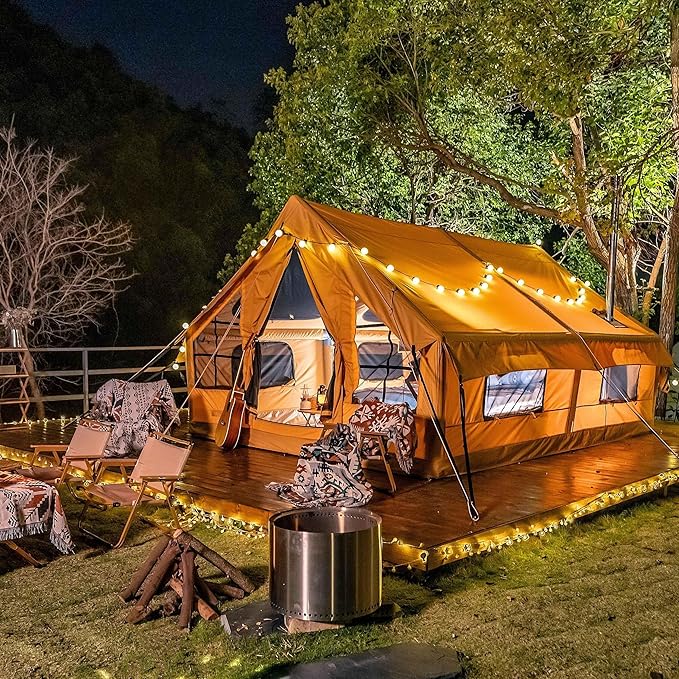 Inflatable Canvas Camping Tents with Stove Jack – Air Beam Blow Up Family Camping Tent for 2–6 People, Fast Setup Shelter with Hand Pump
