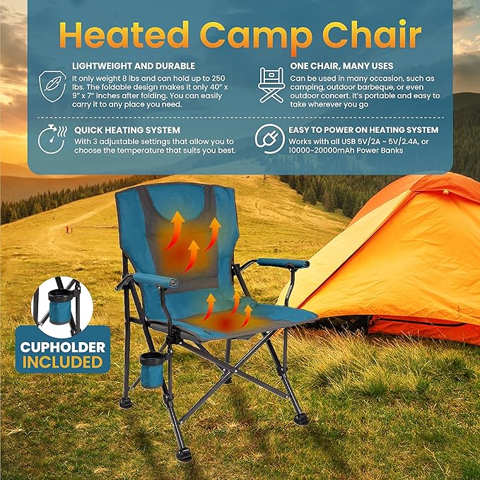 Backyard Expressions Heated Camp Chair with Cupholder – Portable Folding Camping Chair with 3 Heat Settings, USB Powered, Lightweight & Durable – Outdoor Heated Chair for Camping, Tailgating & Sports