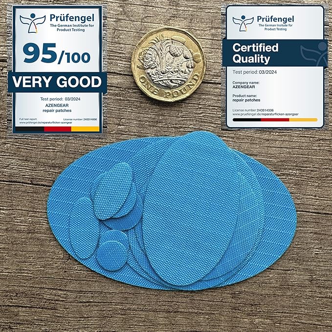 aZengear Repair Patches for Jackets, Tent, Shoe Toe, Air Mattress, Inflatables, PVC Gear - Waterproof, Self-Adhesive, Tear-Cold-Heat-Resistant, Down Puffer Coat (11 Pcs, Sky Blue)