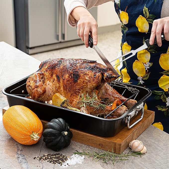 Moss & Stone Carbon Steel Roaster Pan With “V” Shape Removable Roasting Rack Set, 16.5 Inch Rectangular Nonstick Roasting Pan, Turkey Roaster Pan Rack With Carving Fork & Chef Knife