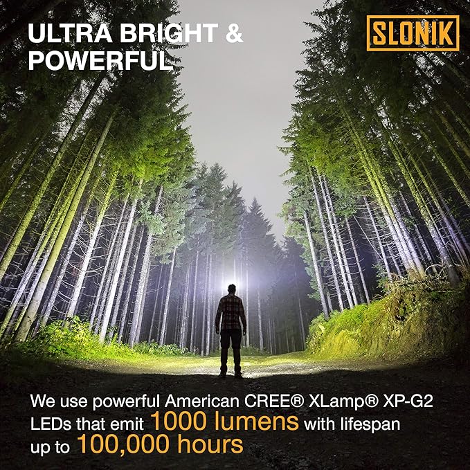 SLONIK Rechargeable Headlamp for Adults - 1000 Lumens Super Bright 60 ft Beam LED Flashlight - Lightweight, Heavy-Duty, IPX4 Waterproof Hard Hat Light - Camping Gear, Running Headlight, Black