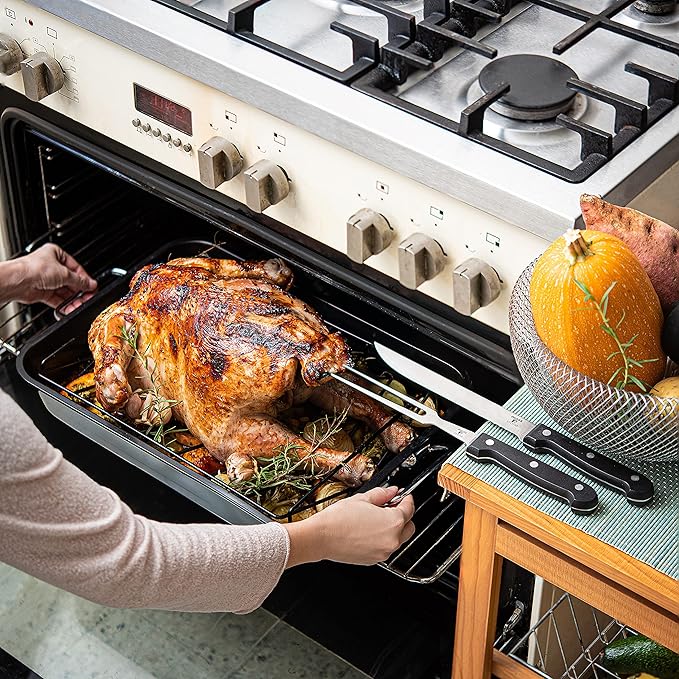 Moss & Stone Carbon Steel Roaster Pan With “V” Shape Removable Roasting Rack Set, 16.5 Inch Rectangular Nonstick Roasting Pan, Turkey Roaster Pan Rack With Carving Fork & Chef Knife
