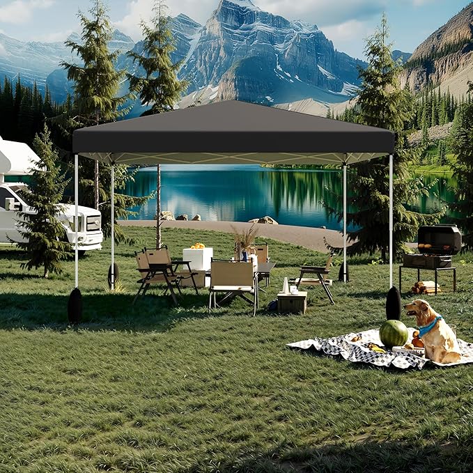 EROMMY 12x12 Pop Up Tent, Easy to Set Up Canopy Tent, Outdoor Canopy for Events, Camping, Parties with Wheeled Bag, 4 Ropes, 4 Sand Bags and 8 Spikes(Black)