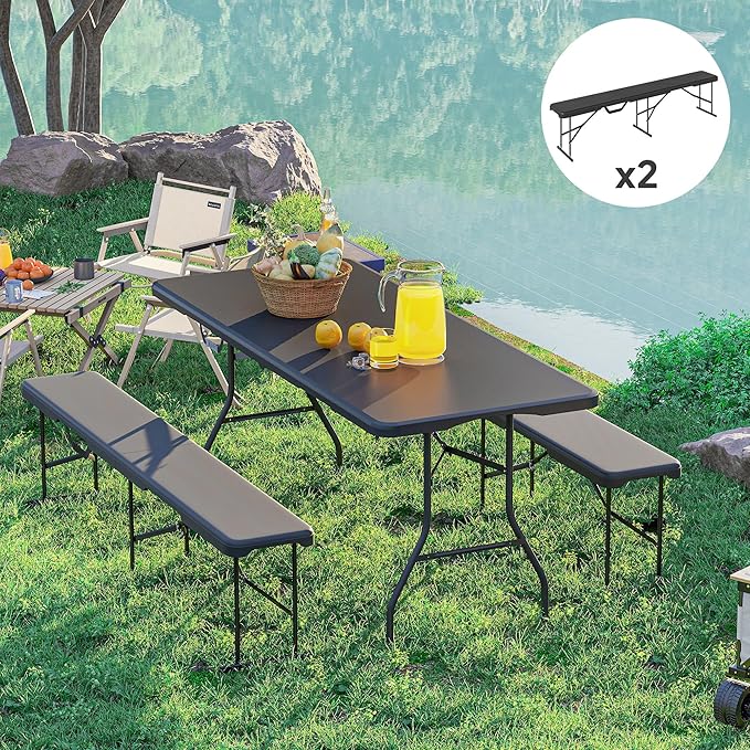 Outsunny 2-Pack 6 Ft. Plastic Folding Benches, Portable Foldable Bench Seats with Carrying Handle, Non-Slip Mat, HDPE Tabletop, Picnic Benches for Camping Dining Picnic BBQ Sports, Black