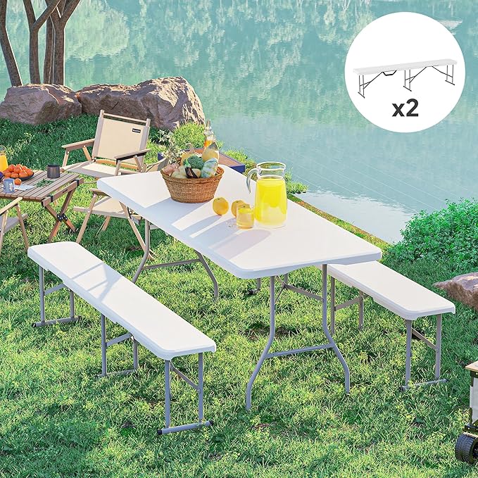 Outsunny 2-Pack 6 Ft. Plastic Folding Benches, Portable Foldable Bench Seats with Carrying Handle, Non-Slip Mat, HDPE Tabletop, Picnic Benches for Camping Dining Picnic BBQ Sports, White