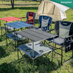 SUNNYFEEL Folding Camping Table- Collapsible Portable Beach Table with 4 Cup Holders & Carry Bags, Tailgate Table for Outdoor Excursion Picnic Hiking Fishing Travel Parties, Blue